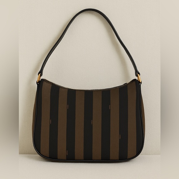 Fendi Black Brown Pequin Canvas Shoulder Bag - Picture 1 of 16